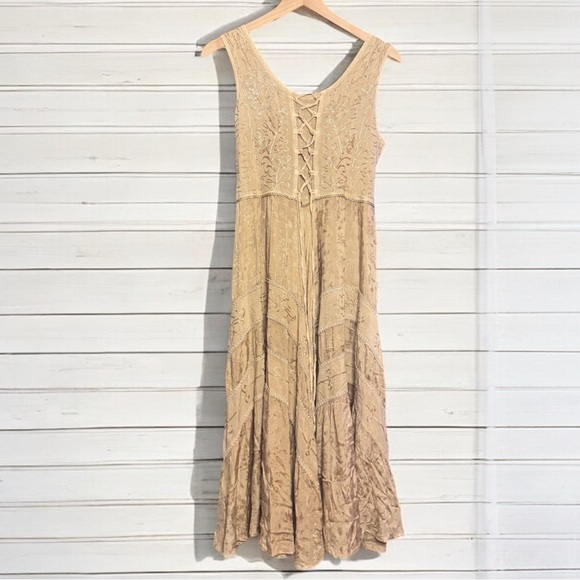 Scully Jacquard Lace-Up Front Dress Boho Western Country Full Length Beige Tan M - Picture 2 of 7